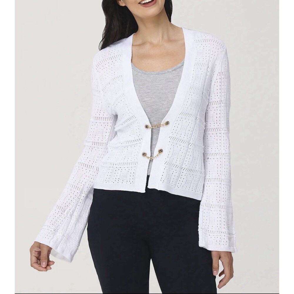 89th & Madison White L Geometric Pointelle Cardigan Sweater Gold Chain Accent